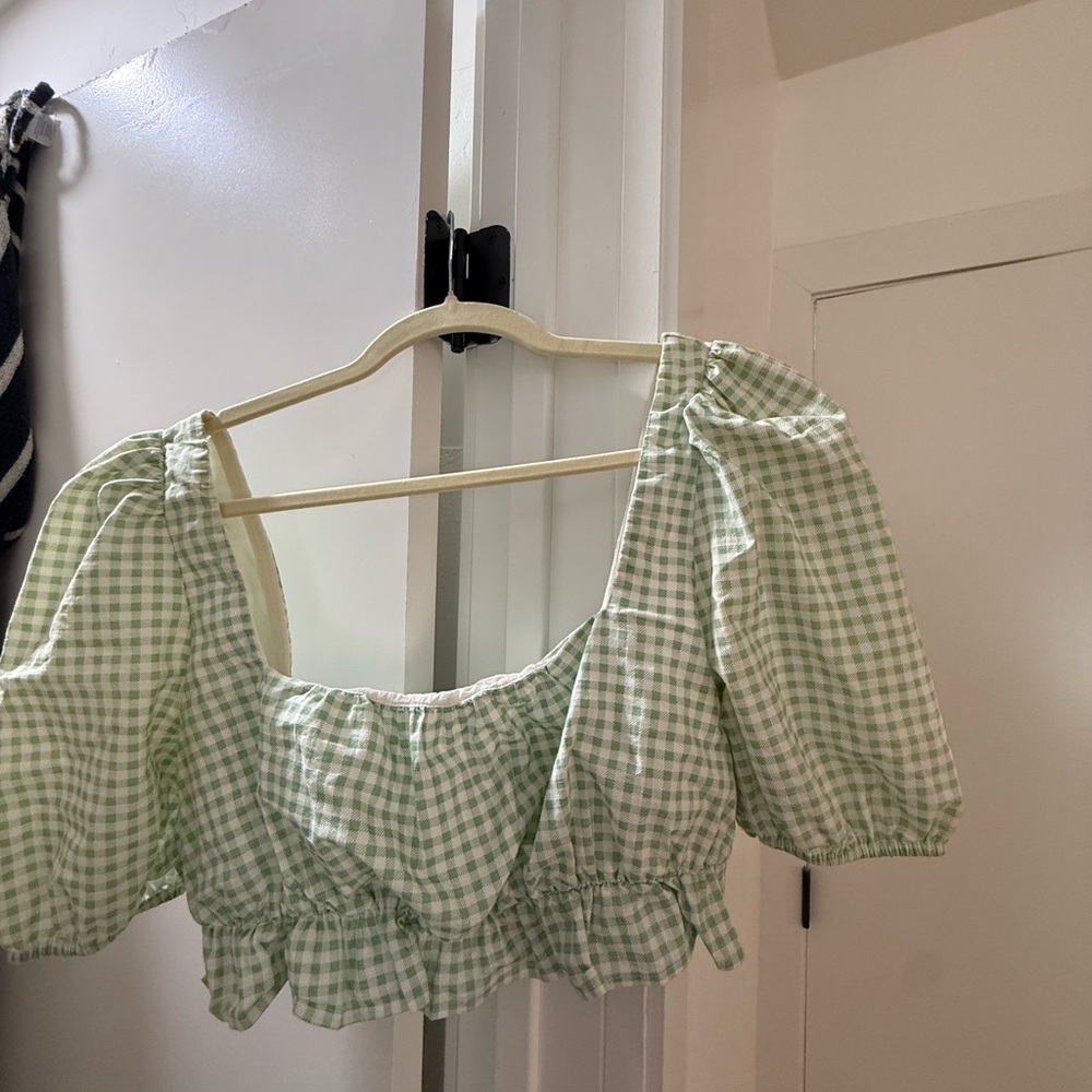 Lovers + Friends Mint Gingham Puff Sleeve Blouse